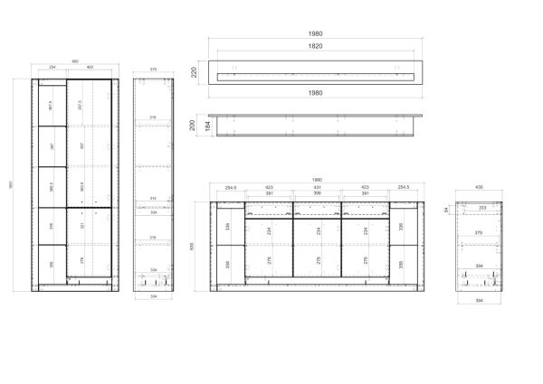 Wohnwand Rivian in wei matt und Evoke Eiche Wohnkombination Set 3-teilig 298 cm