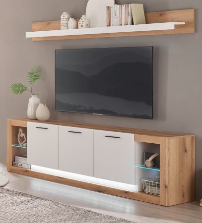 TV-Lowboard und Wandboard Rivian in wei matt und Evoke Eiche Wohnkombination Set 2-teilig 198 cm