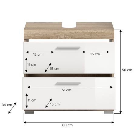 Badezimmer Waschbeckenunterschrank Mambo in wei Hochglanz und Sonoma Eiche Badschrank 60 cm