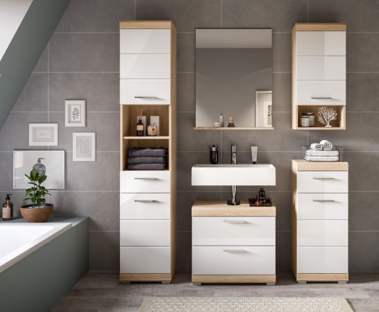 Badezimmer Waschbeckenunterschrank Mambo in wei Hochglanz und Sonoma Eiche Badschrank 60 cm