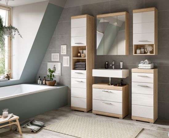 Badezimmer Waschbeckenunterschrank Mambo in wei Hochglanz und Sonoma Eiche Badschrank 60 cm