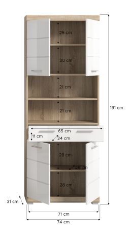 Badezimmer Hochschrank Mambo in wei Hochglanz und Sonoma Eiche Badschrank 74 x 191 cm