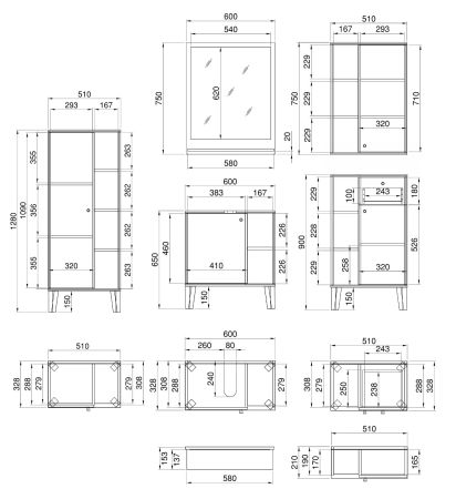 Badmbel Set 5-teilig Torsby in grau und Evoke Eiche Badkombination 182 x 190 cm