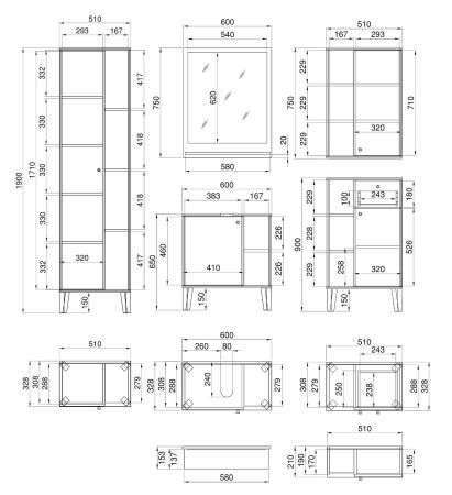 Badmbel Set 5-teilig Torsby in grau und Evoke Eiche Badkombination 182 x 190 cm