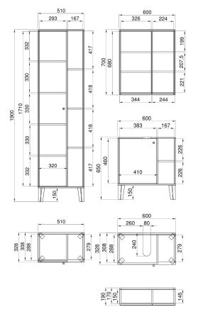 Badmbel Set 3-teilig Torsby in grau und Evoke Eiche Badkombination 121 x 190 cm