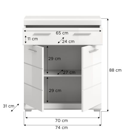 Badezimmer Kommode Shawn in wei Hochglanz Badschrank 74 x 88 cm