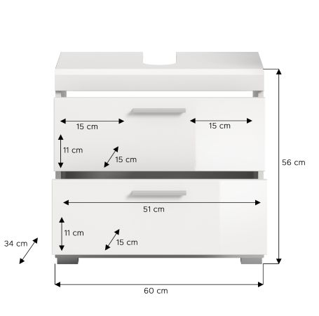 Waschbeckenunterschrank Shawn in wei Hochglanz Badezimmer Unterschrank mit Schubladen 60 cm