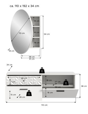 Garderobe Set 2-teilig Relief in wei Hochglanz mit 3-D Struktur 110 x 192 cm