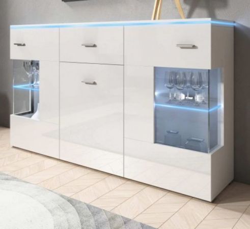 Sideboard Charme in wei Hochglanz inkl. LED Beleuchtung in blau Anrichte 150 x 91 cm Kommode