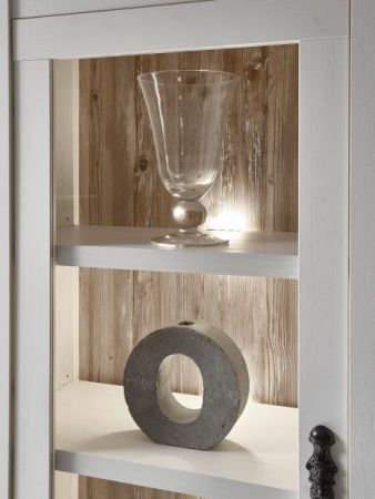 Vitrine Rovola in Pinie wei / Oslo Pinie Landhaus Vitrinenschrank mit Weinregal 71 x 201 cm