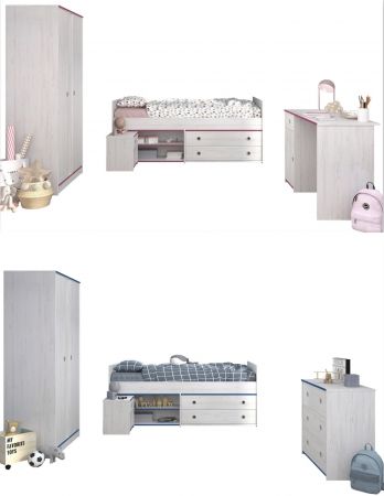 Parisot Kinder- und Jugendzimmer Smoozy26 in wei Kiefer mit blau oder pink Komplett-Set 4-teilig