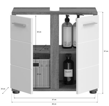 Waschbeckenunterschrank Bailey in wei Hochglanz und Rauchsilber grau Badezimmer Unterschrank 60 cm