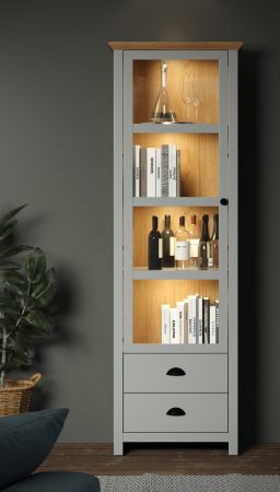 Vitrine Landside in grau und Eiche Artisan Landhaus Wohn- und Esszimmer Vitrinenschrank 65 x 201 cm