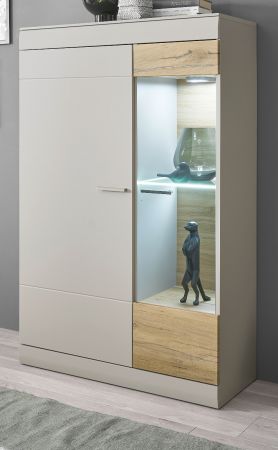 Vitrine Griego in Kieselgrau matt und Zinneiche Wohn- und Esszimmer Vitrinenschrank halbhoch 90 x 139 cm