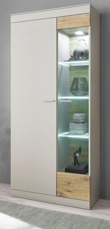 Vitrine Griego in Kieselgrau matt und Zinneiche Wohn- und Esszimmer Vitrinenschrank 90 x 199 cm