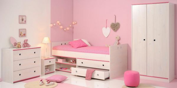 Parisot Kinder- und Jugendzimmer Smoozy21 in wei Kiefer mit blau oder pink Komplett-Set 4-teilig