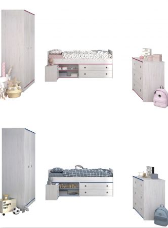 Parisot Kinder- und Jugendzimmer Smoozy21 in wei Kiefer mit blau oder pink Komplett-Set 4-teilig