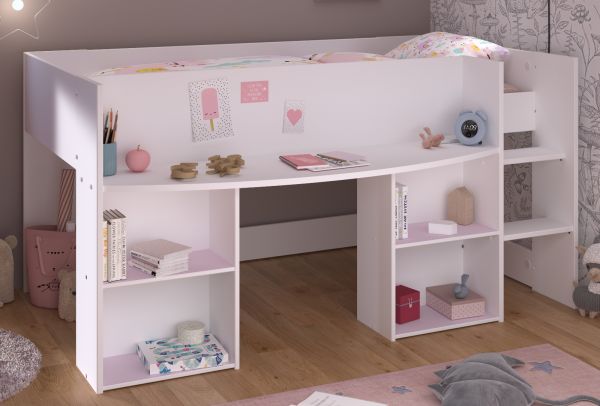 Parisot Hochbett Pirouette in wei mit grau oder rosa Kinder und Jugendzimmer Bett Liegeflche 90 x 200 cm