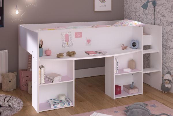 Parisot Hochbett Pirouette in wei mit grau oder rosa Kinder und Jugendzimmer Bett Liegeflche 90 x 200 cm