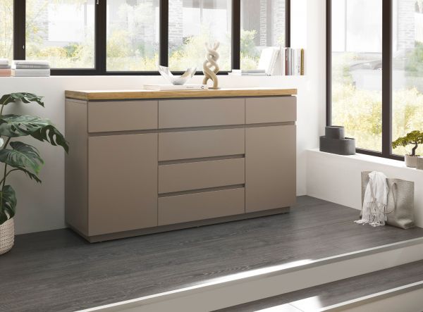 Sideboard Palamos in warmgrau matt lackiert und Akazie massiv Wohn- und Esszimmer Kommode 150 cm