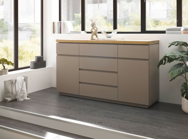 Sideboard Palamos in warmgrau matt lackiert und Akazie massiv Wohn- und Esszimmer Kommode 150 cm