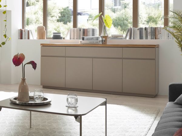 Sideboard Palamos in warmgrau matt lackiert und Akazie massiv Wohn- und Esszimmer Kommode 200 cm