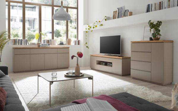 Sideboard Palamos in warmgrau matt lackiert und Akazie massiv Wohn- und Esszimmer Kommode 200 cm