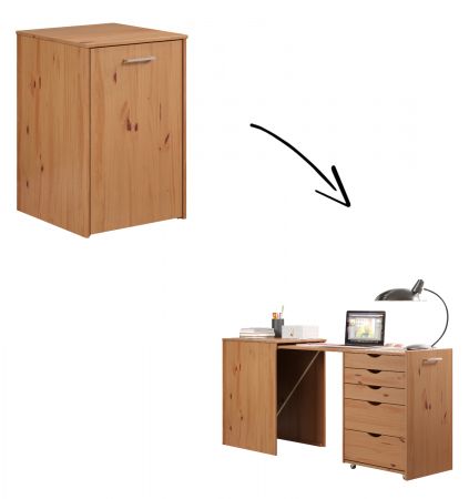 Schreibtisch Volterra in Kiefer Massivholz honigfarben lackiert Kommode ausziehbar zum Laptoptisch fr Homeoffice 57 - 163 cm