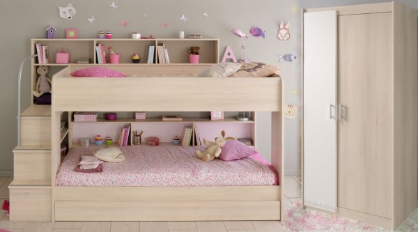 Parisot Kinder- und Jugendzimmer Bibop41 in Akazie Komplett-Set 3-teilig mit Etagenbett, Bettschubkasten und Kleiderschrank