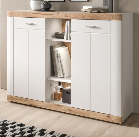 Sideboard Sopela wei und Nox Eiche Landhaus Kommode 131 x 104 cm, Soft-Close