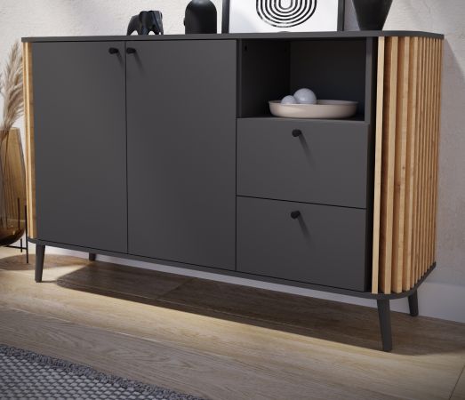 Sideboard Pretty in grau und Artisan Eiche mit 3D-Lamellen Wohn- und Esszimmer Kommode 138 cm