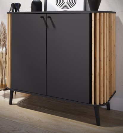 Kommode Pretty in grau und Artisan Eiche mit 3D-Lamellen Wohn- und Esszimmer Sideboard 92 cm