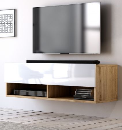 TV-Lowboard Epsom in wei Hochglanz und Wotan Eiche TV Unterteil hngend 100 x 30 cm