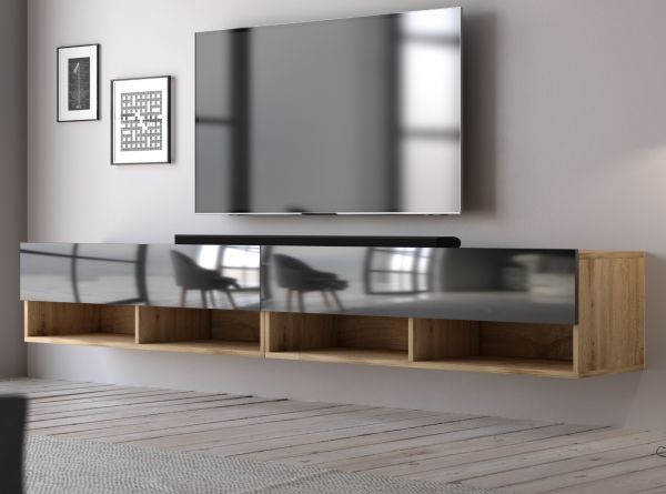 TV-Lowboard Epsom in schwarz Hochglanz und Wotan Eiche XL TV Unterteil hngend 200 x 30 cm