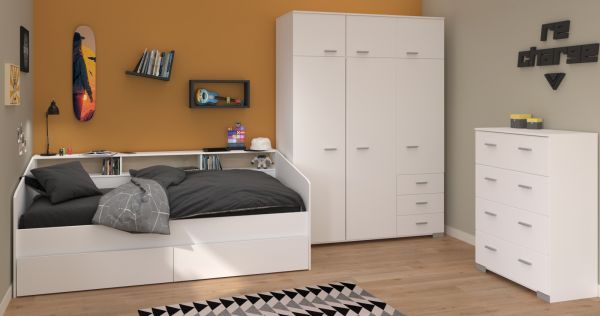 Parisot Kinder- und Jugendzimmer Sleep41 in wei Komplett-Set 3-teilig mit Stauraumbett, Kleiderschrank und Kommode