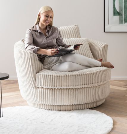 Drehsessel Comfy in wollwei Mega Cord XL, Loveseat 360 inklusive 3x Kissen