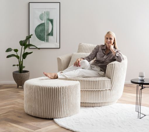 Drehsessel Comfy in wollwei Mega Cord XL, Loveseat 360 inklusive 3x Kissen