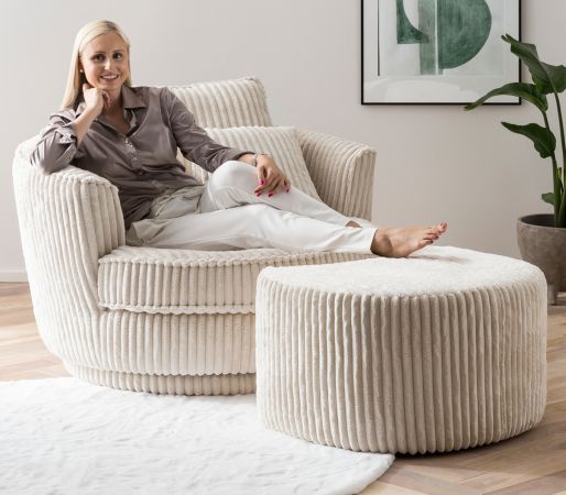 Drehsessel Comfy in wollwei Mega Cord XL, Loveseat 360 inklusive 3x Kissen