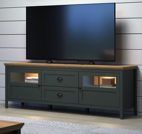 TV-Lowboard Stanton in grn und Evoke Eiche Landhaus TV Unterteil mit Komforthhe inklusive LED 184 x 64 cm