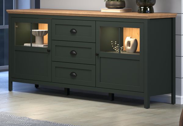 Sideboard Stanton in grn und Evoke Eiche Landhaus Wohn- und Esszimmer Kommode inklusive LED 185 cm