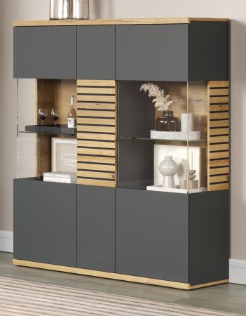 Highboard Norris in grau und Evoke Eiche Wohn- und Esszimmer Vitrine mit Soft-Close 131 x 147 cm