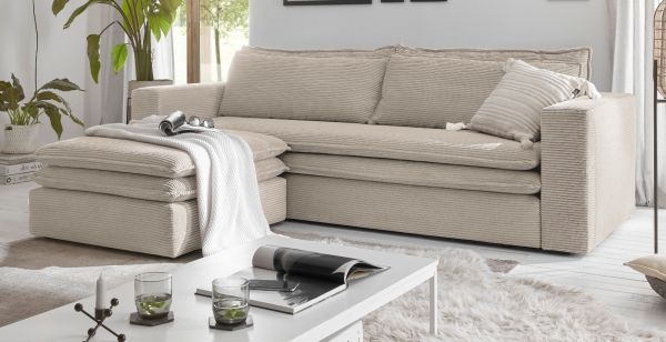 Sofa Set Pesaro in beige Cord Couch 3-Sitzer mit Bettfunktion inklusive Hocker