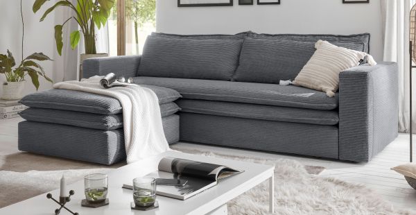 Sofa Set Pesaro in grau Cord Couch 3-Sitzer mit Bettfunktion inklusive Hocker