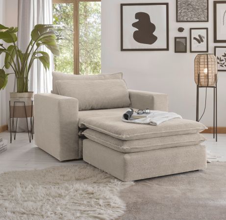 Loveseat Sessel Set Pesaro in beige Cord Couch Loungesessel inklusive Hocker