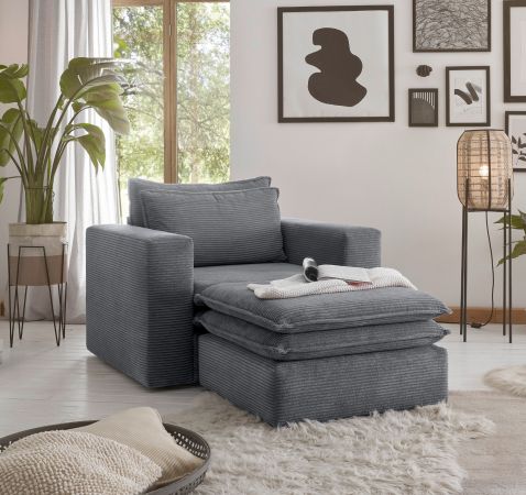 Sessel Set Pesaro in grau Cord Couch Loungesessel inklusive Hocker