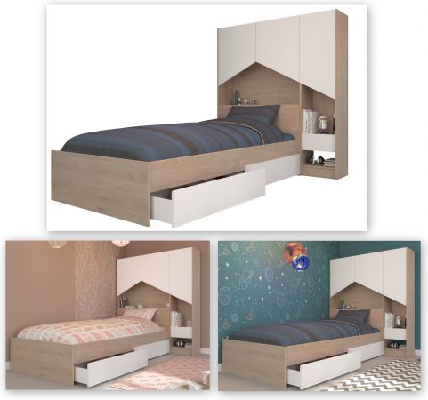 Parisot Stauraumbett Shelter wei und Eiche Set mit Bett 90 x 200 cm, 2 x Bettschubkasten und Schrank