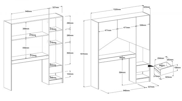 Parisot Stauraumbett Shelter wei und Eiche Set mit Bett 90 x 200 cm, 2 x Bettschubkasten und Schrank