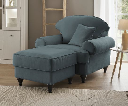 Sessel Set Adelina in grau Landhaus Loungesessel inklusive Hocker