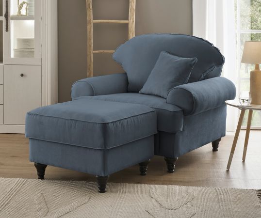 Sessel Set Adelina in blau Landhaus Loungesessel inklusive Hocker