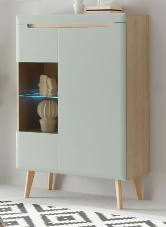 Highboard Isgard in Pistazie matt und Scandi Eiche Vitrine skandinavisch 90 x 134 cm